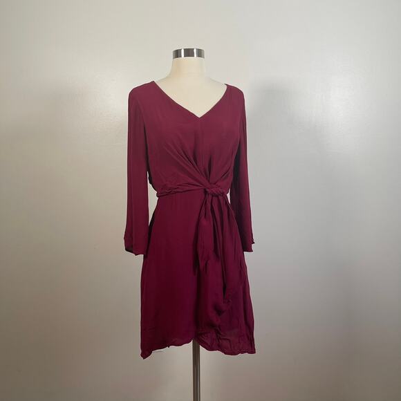 Lulus • Claremont Burgundy Tie-Front Three-Quarter Sleeve Dress - Picture 1 of 5